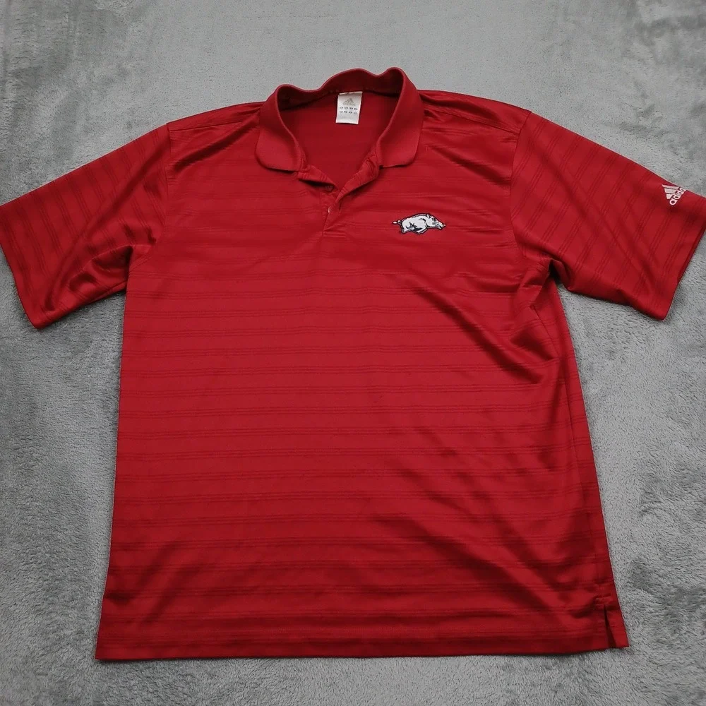 Arkansas Razorbacks Shirt Mens Medium Red Striped Polo Adidas